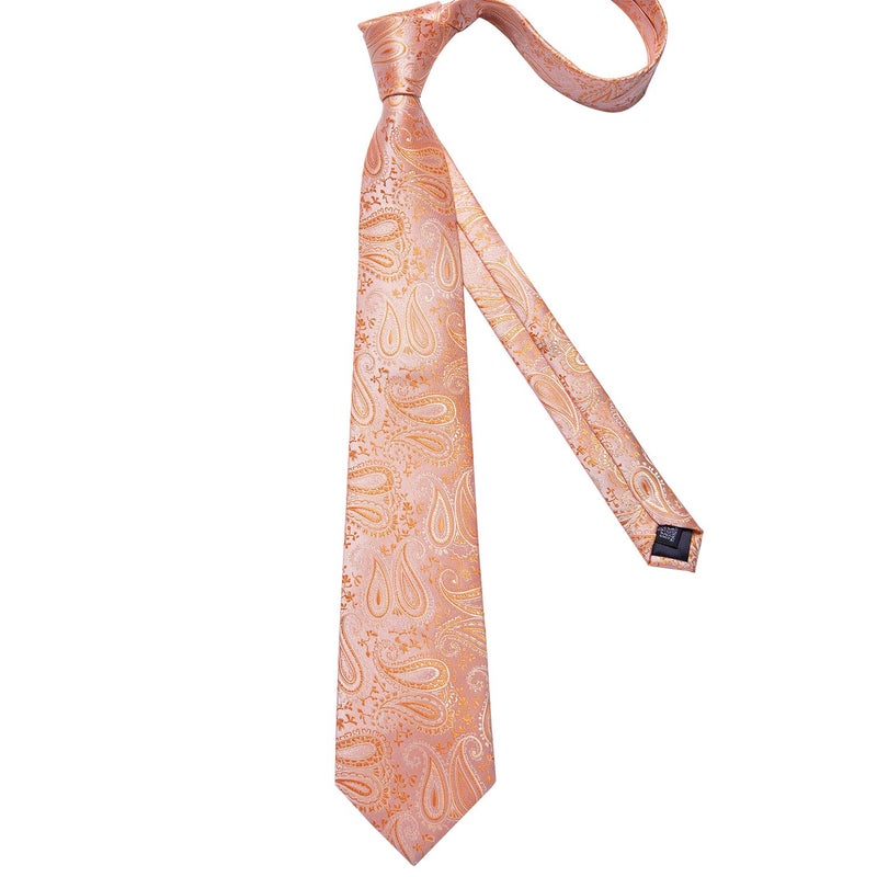 DiBanGu Paisley Ties for Men Silk Necktie and Pocket Square Cufflinks Tie Clip Set Woven Classic Mens Tie for Wedding Party, Coral Orange - Image 4